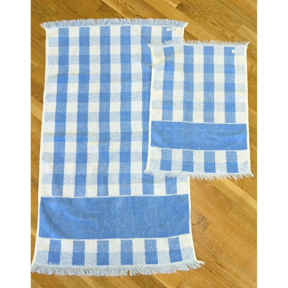 Vtg 70s Lady Pepperell Blue Check Plaid Floral Bath Hand Towel Set Cottagecore